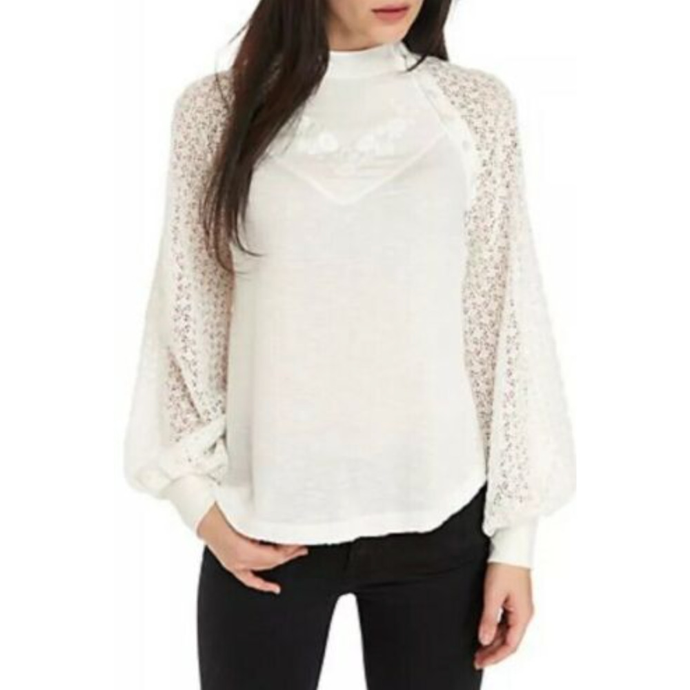 Free People Ivory Sweetest Thing Embroidered Lace Sleeves Thermal Top Women's M